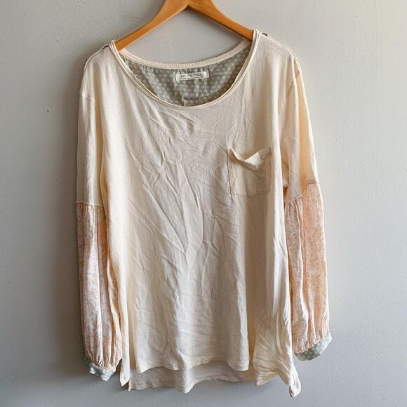 Free People Jade Ivory Contrast Balloon Sleeve Oversized Blouse Size S Small - Picture 2 of 5